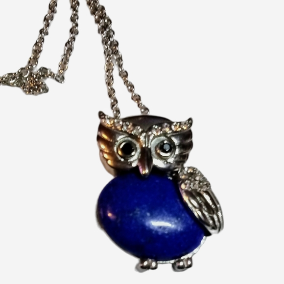 Lapis Lazuli, White and Black Austrian Crystal Owl Pendant Necklace - Picture 3 of 5